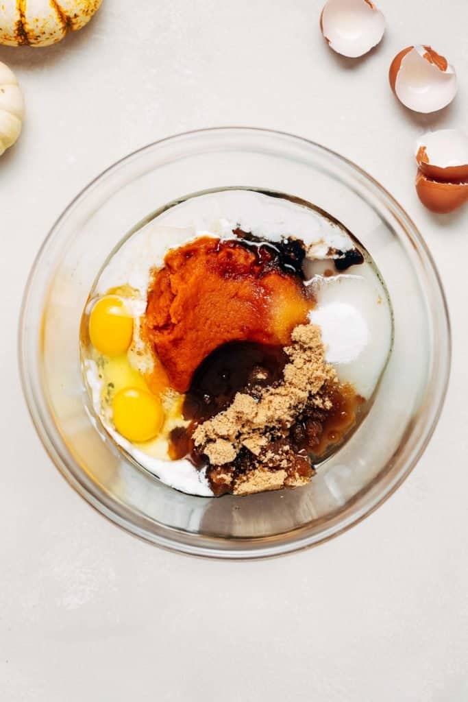 eggs, pumpkin puree, brown sugar, sugar, oil, buttermilk, and vanilla in a mixing bowl