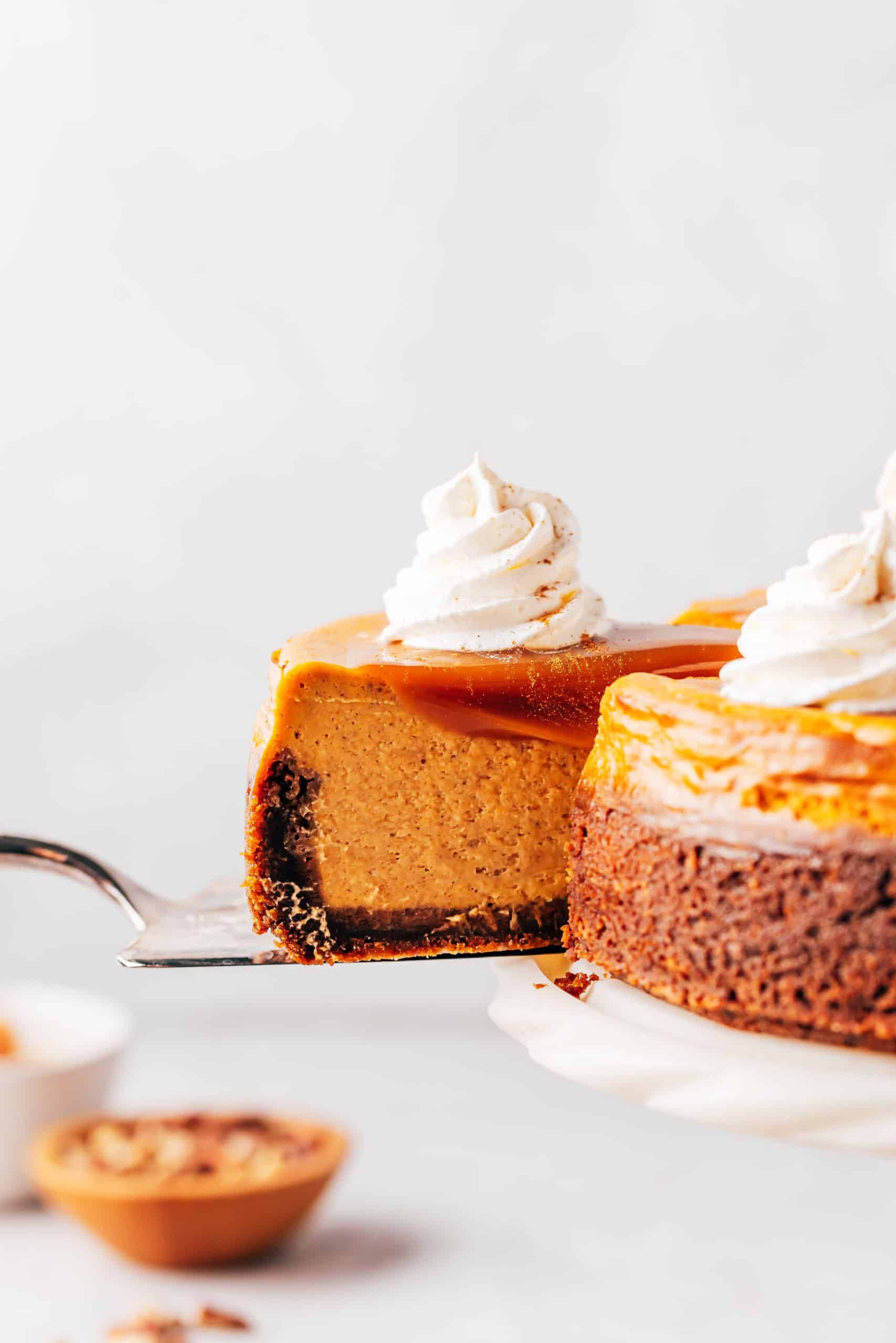 slice of pumpkin cheesecake with caramel