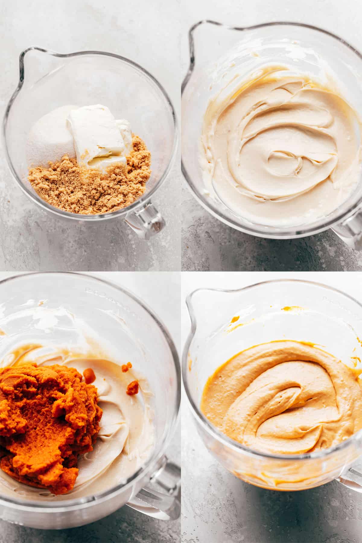 process shots for pumpkin cheesecake batter in a glass mixing bowl