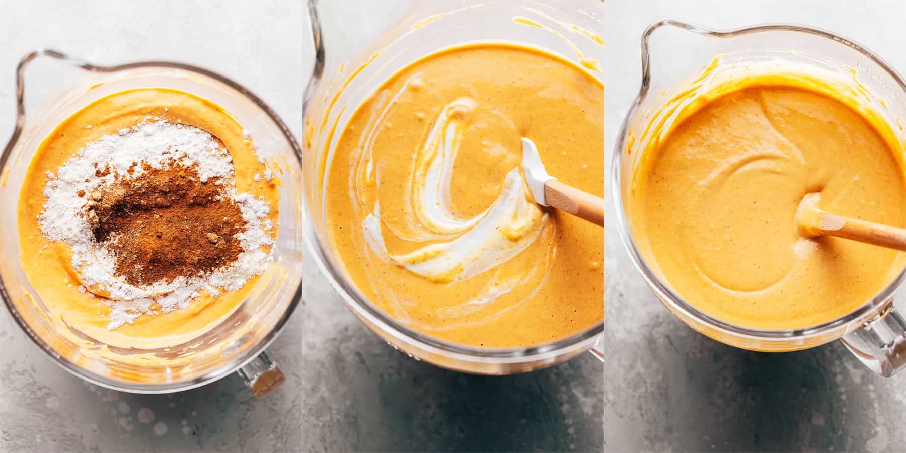 process shots for pumpkin cheesecake batter in a glass mixing bowl