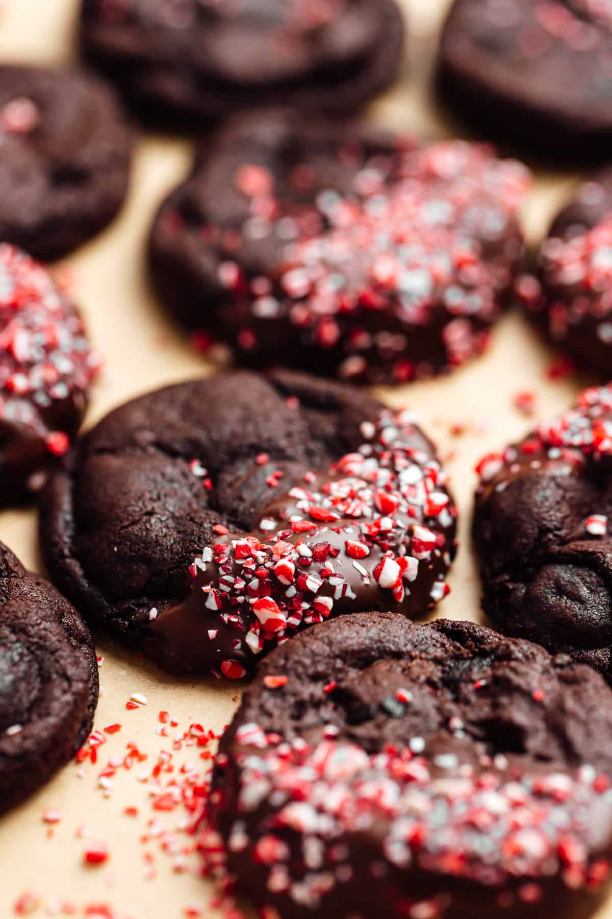 peppermint mocha cookies on a baking sheet in the oven