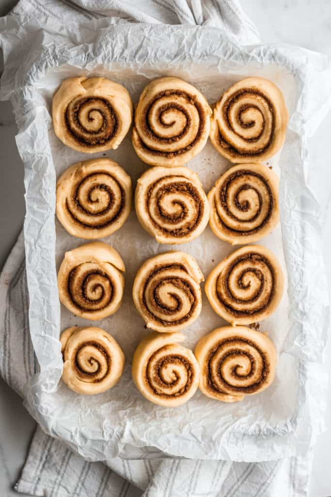 cinnamon rolls in a baking pan