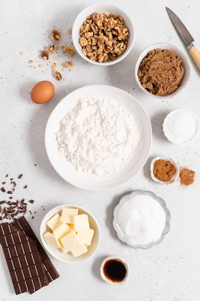 Ingredients for chocolate chip walnut cookies