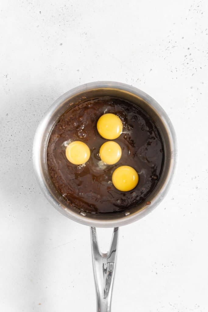 melted butter, sugar, and eggs in a saucepan
