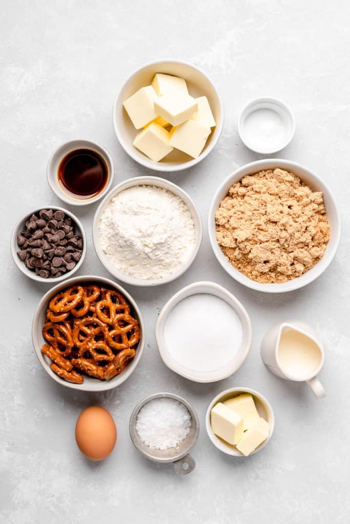 ingredients for salted caramel pretzel blondies