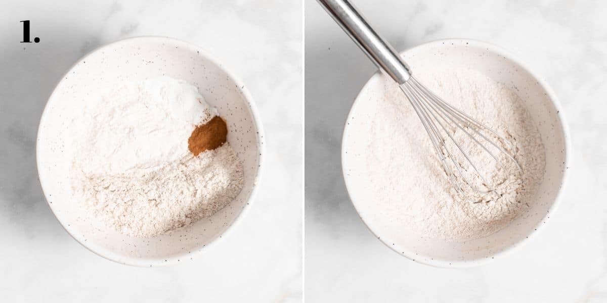 whole wheat flour, all purpose flour, and cinnamon in a mixing bowl with a whisk.