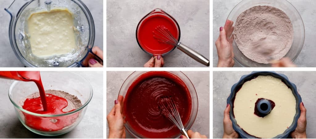 Red Velvet Cream Cheese Bundt Cake process shots