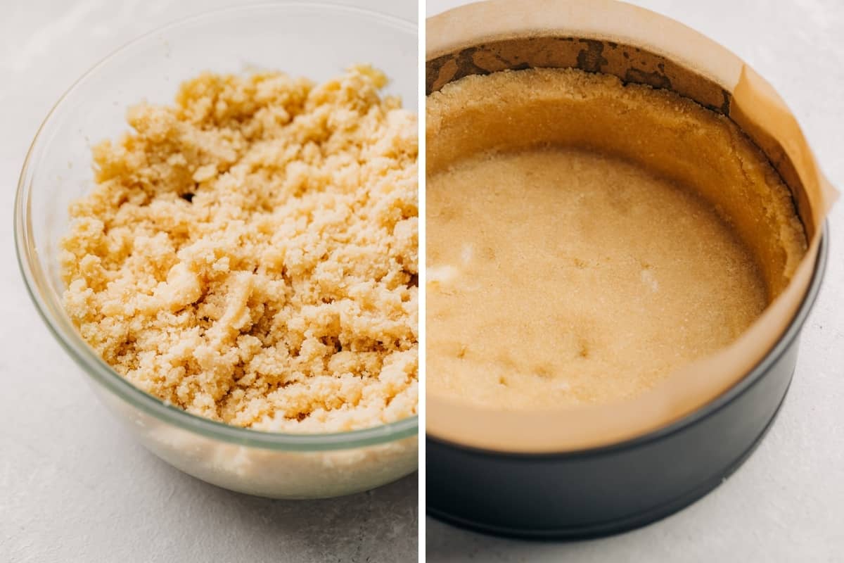 mixture of almond flour, sugar, and butter in a bowl and pressed into a springform pan to make a crust.