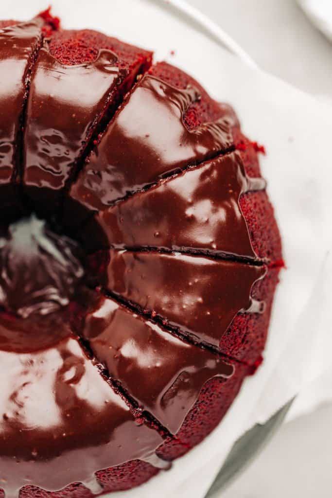 nutella glaze over Red Velvet Bundt Cake