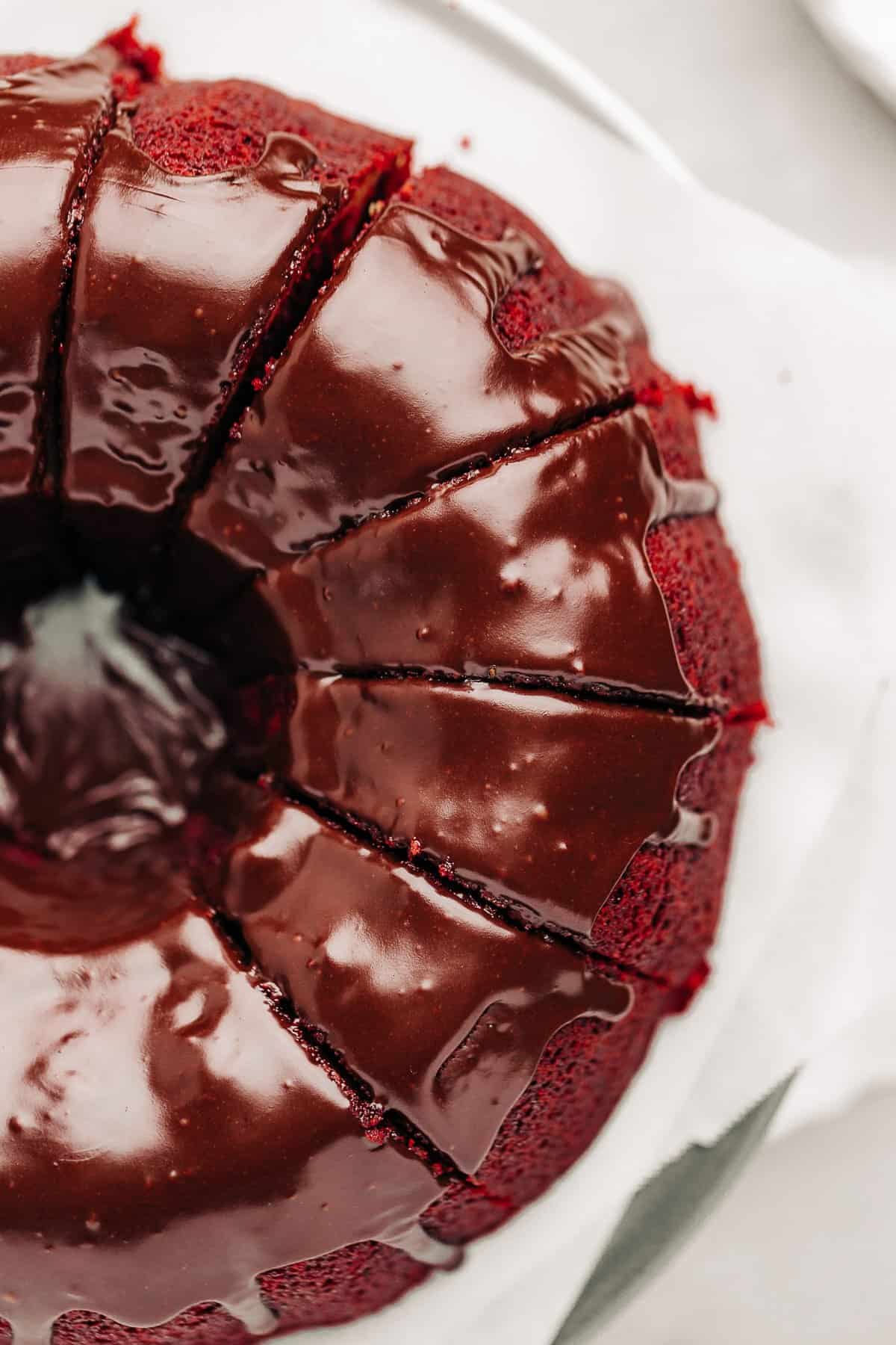 nutella glaze topped Red Velvet Bundt Cake.