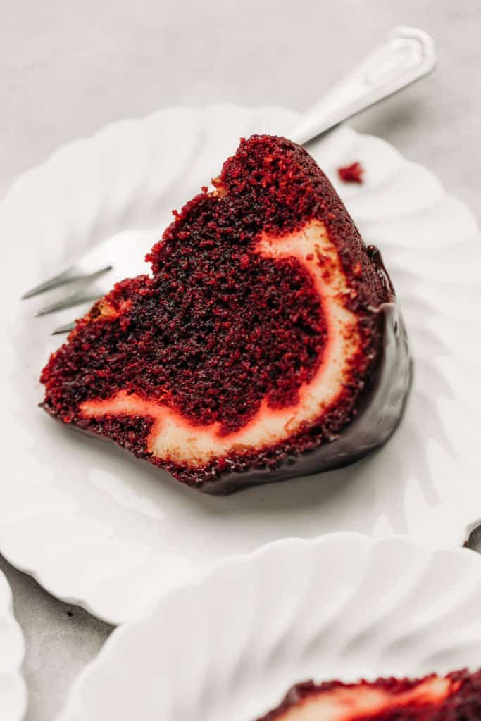 slice of Red Velvet Cream Cheese Bundt Cake on a plate