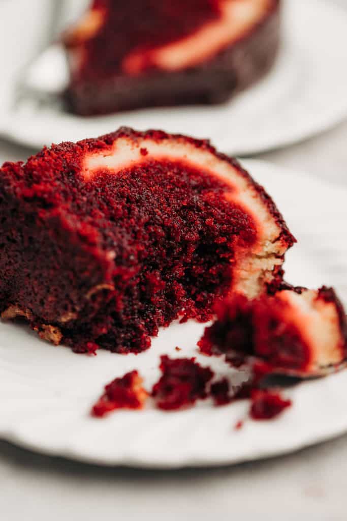 Red Velvet Cream Cheese Bundt Cake on a plate