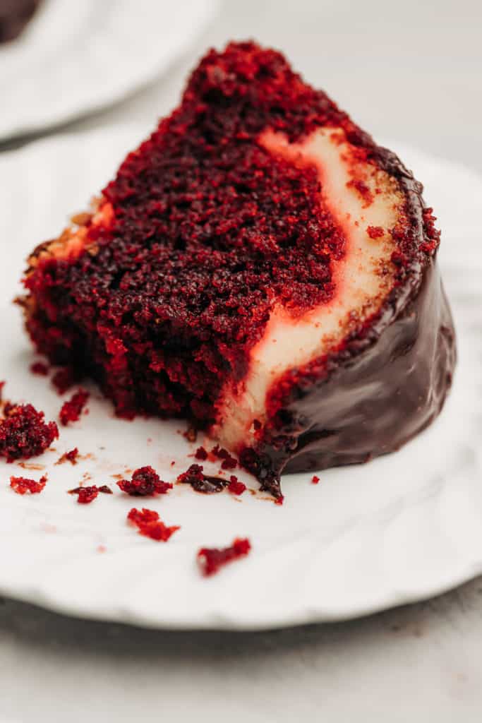 moist Red Velvet Cream Cheese Bundt Cake on a plate