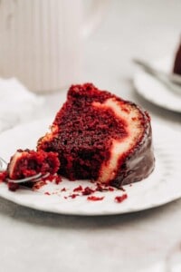 Red Velvet Cream Cheese Bundt Cake on a plate