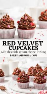 Red velvet cupcake recipe long pin for pinterest.