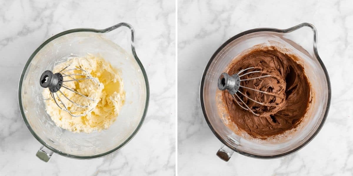 Chocolate cream cheese frosting in a glass mixing bowl on a marble surface.