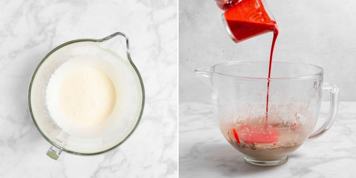 red velvet cupcake batter process shots in a glass mixing bowl.