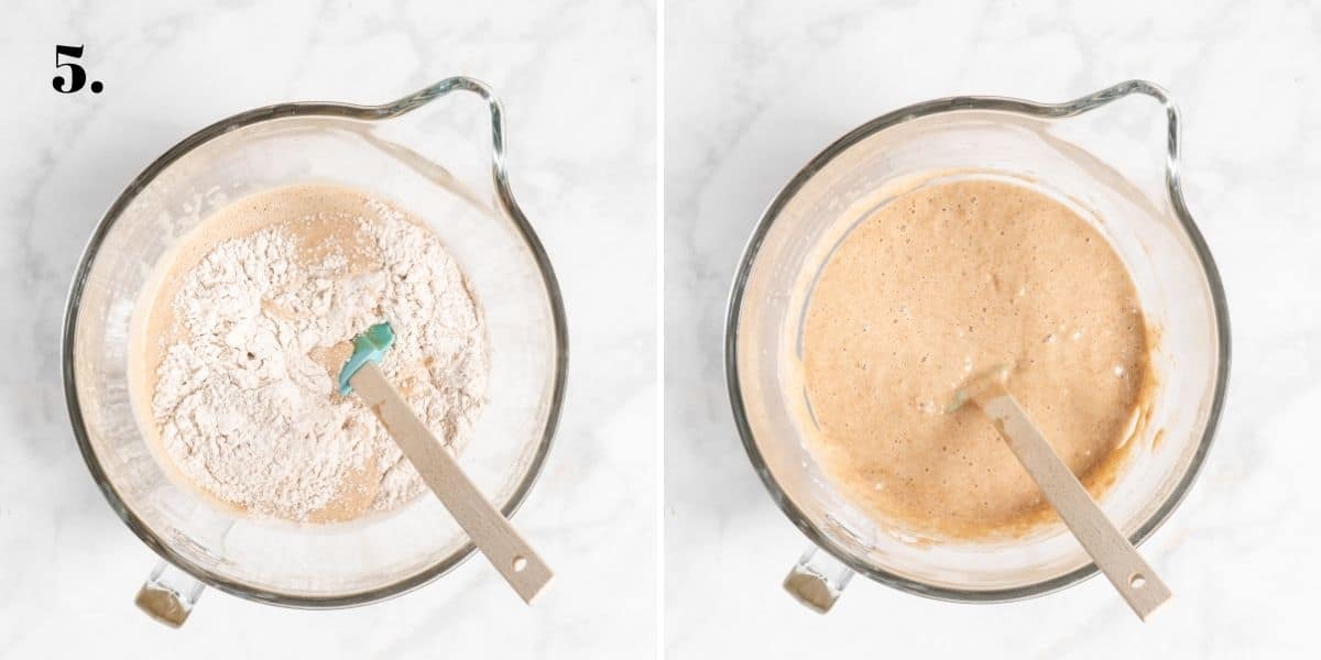 banana bread batter being mixed in a glass mixing bowl.