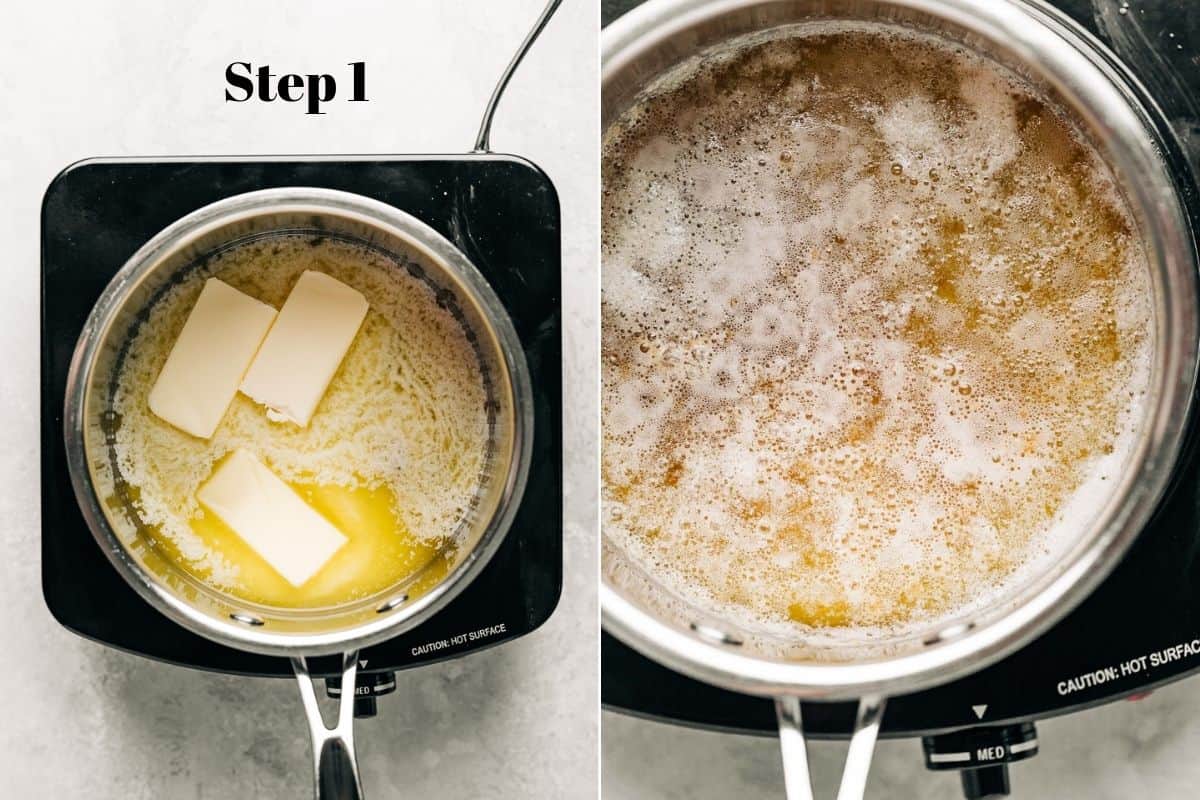 butter being melted in a saucepan over a burner and browned butter in a saucepan.