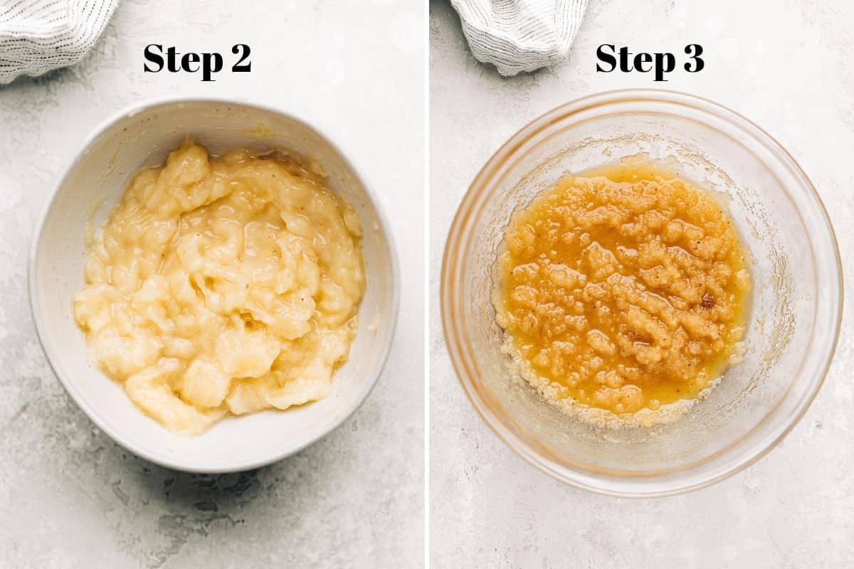 Mashed banana in a bowl and melted butter mixed with sugar in a glass mixing bowl.