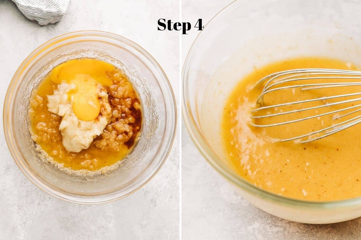 melted butter, sugar, mashed banana, egg yolk, and vanilla extract in a mixing bowl.
