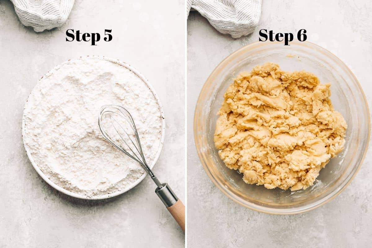 flour in a plate with a whisk and cookie dough in a glass mixing bowl.