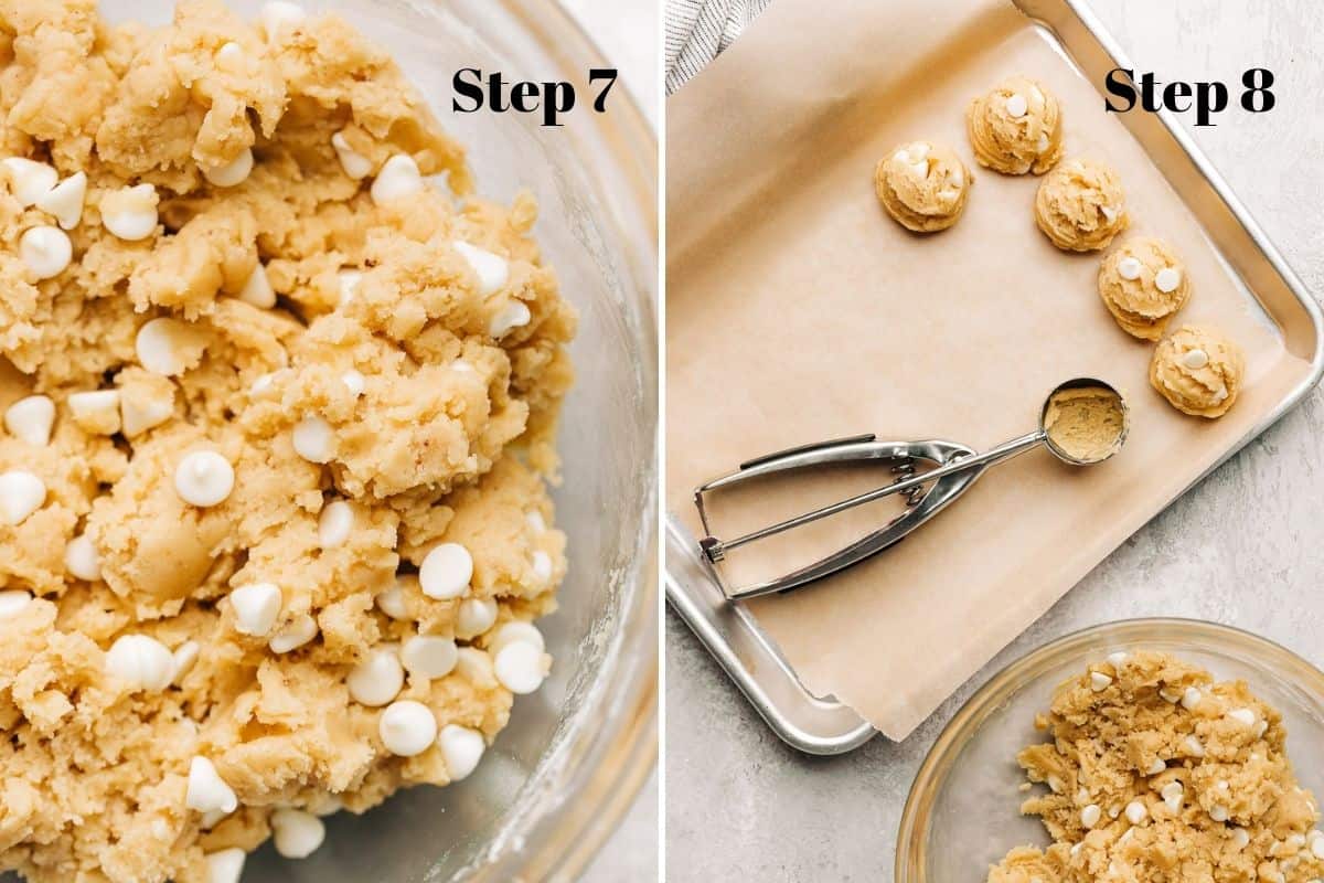 white chocolate chip cookie dough in a glass bowl and cookie dough ball on a parchment lined baking sheet with cookie scoop.