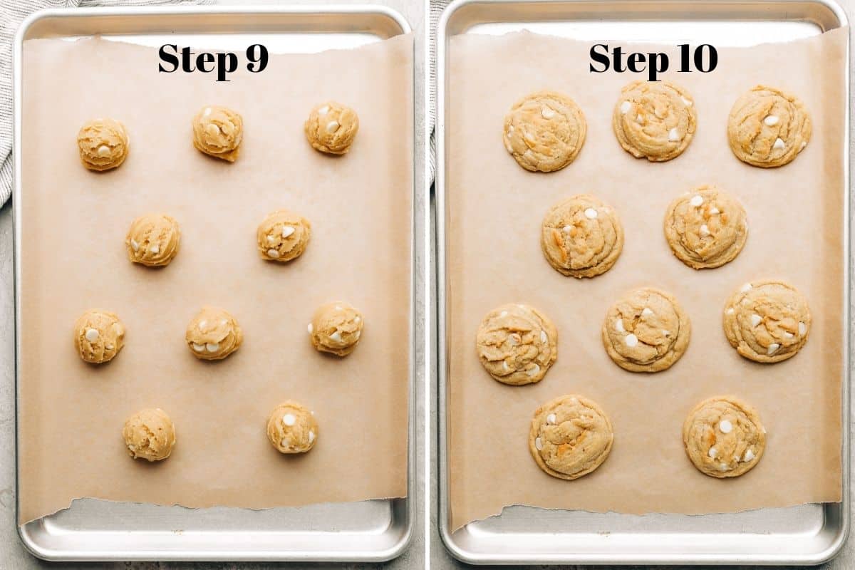 banana white chocolate chip cookie dough on a parchment lined baking sheet and baked cookies on a baking sheet.