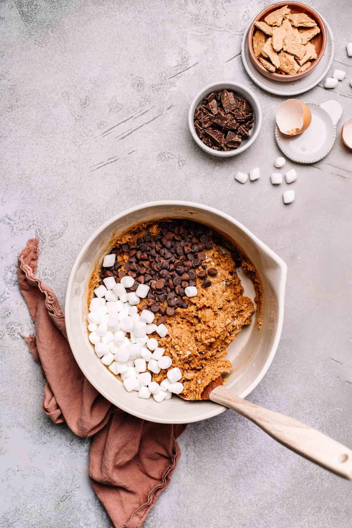 S'mores cookie dough in a mixing bowl.