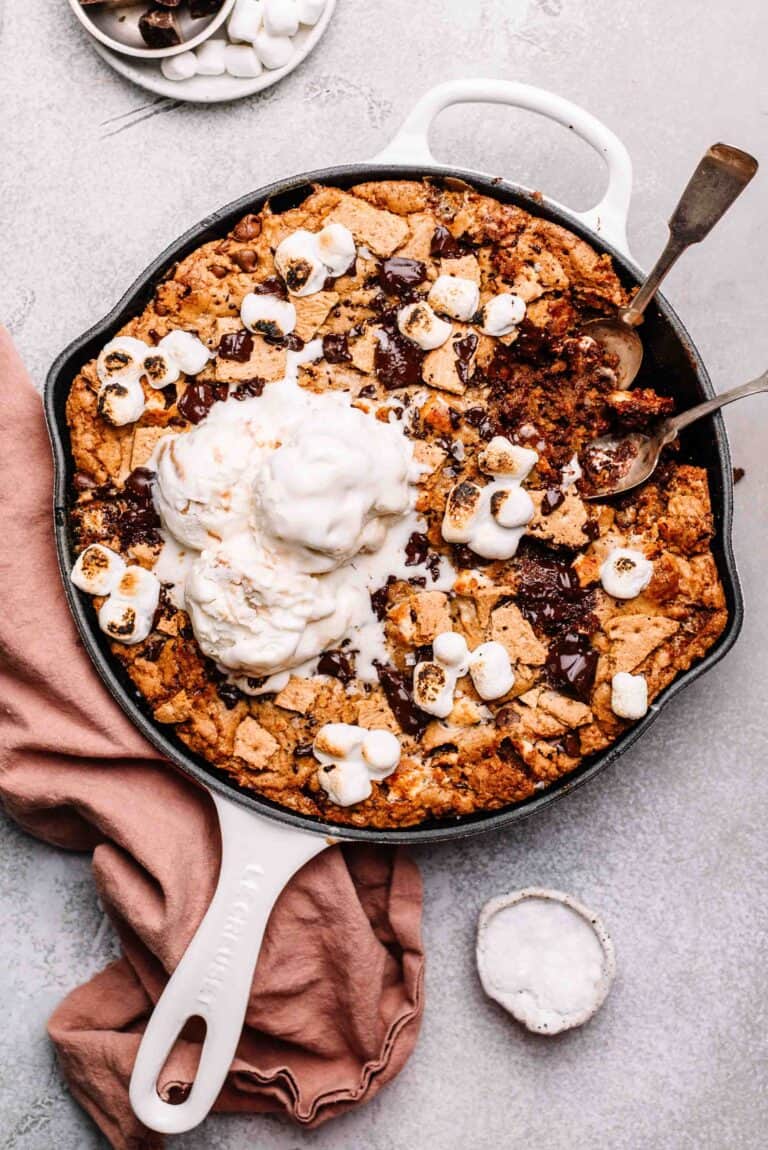 S'more skillet cookie topped with ice cream.