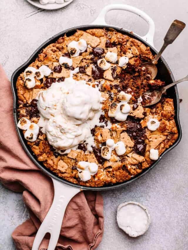 S'more skillet cookie topped with ice cream.