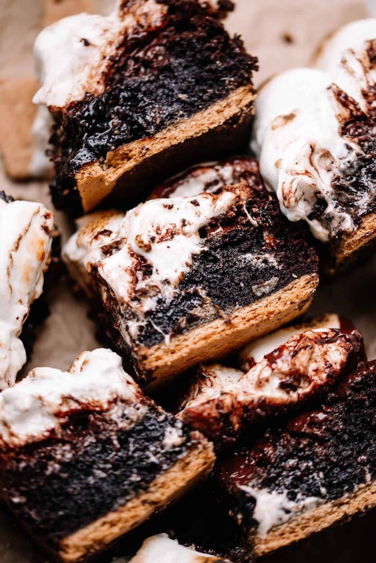 S'mores brownies on parchment paper.