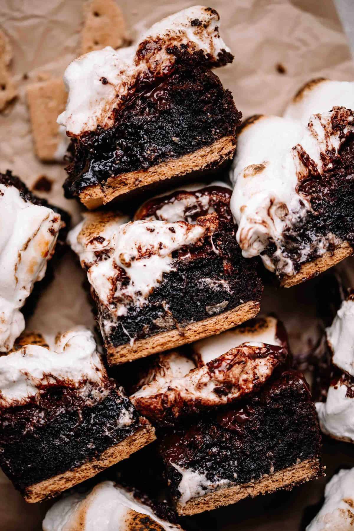 S'mores brownies on brown parchment paper.