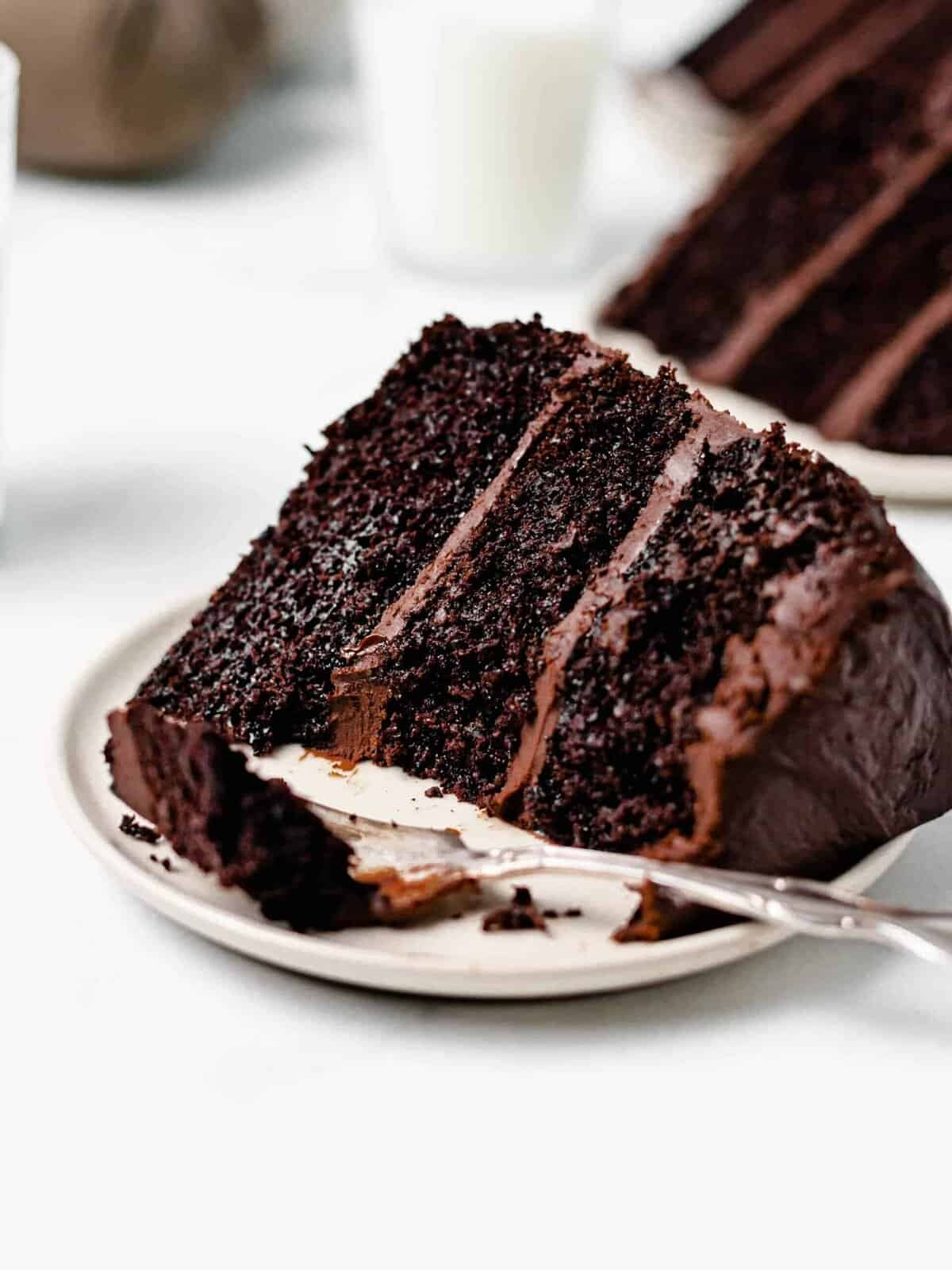 slice of chocolate cake.