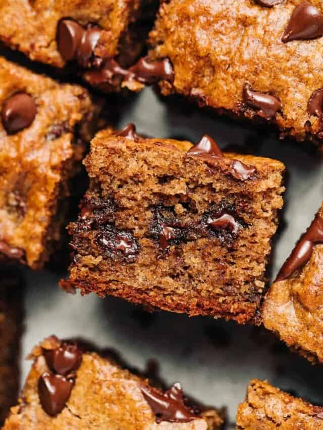 Paleo chocolate chip banana bread cut into squares.