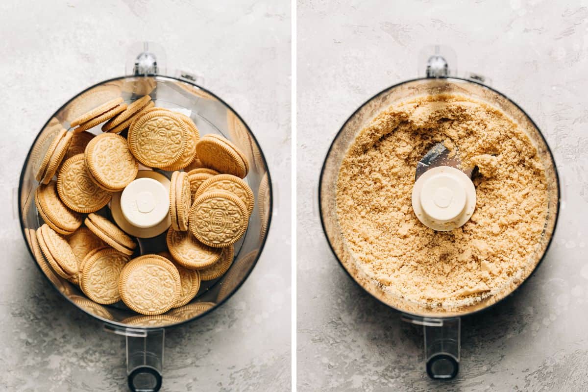 image 1 shows vanilla sandwich cookies in a food processor and image 2 shows the cookies processed into a sand-like texture.