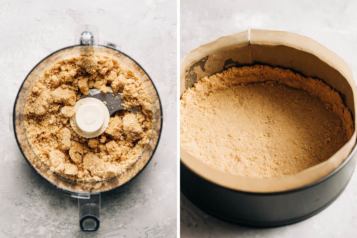 image 1 shows crushed vanilla sandwich cookies mixed with butter and image two shows the crust pressed into a springform pan.