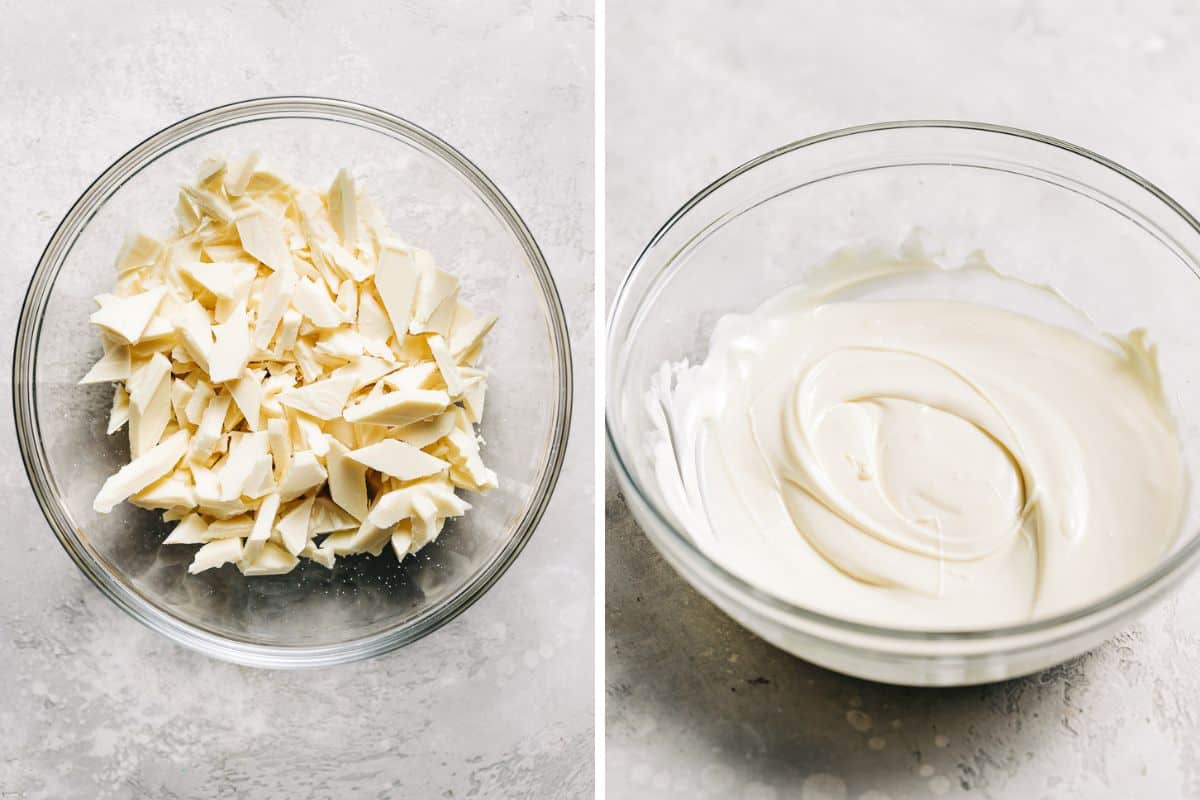 image 1 shows chopped white chocolate in a bowl and image 2 shows melted white chocolate in a bowl.