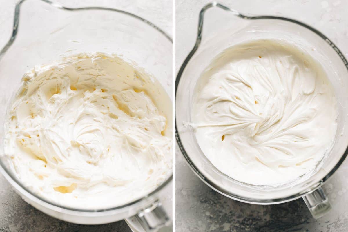 image 1 shows whipped cream cheese in a mixing bowl and image 2 shows cheesecake batter in a mixing bowl.