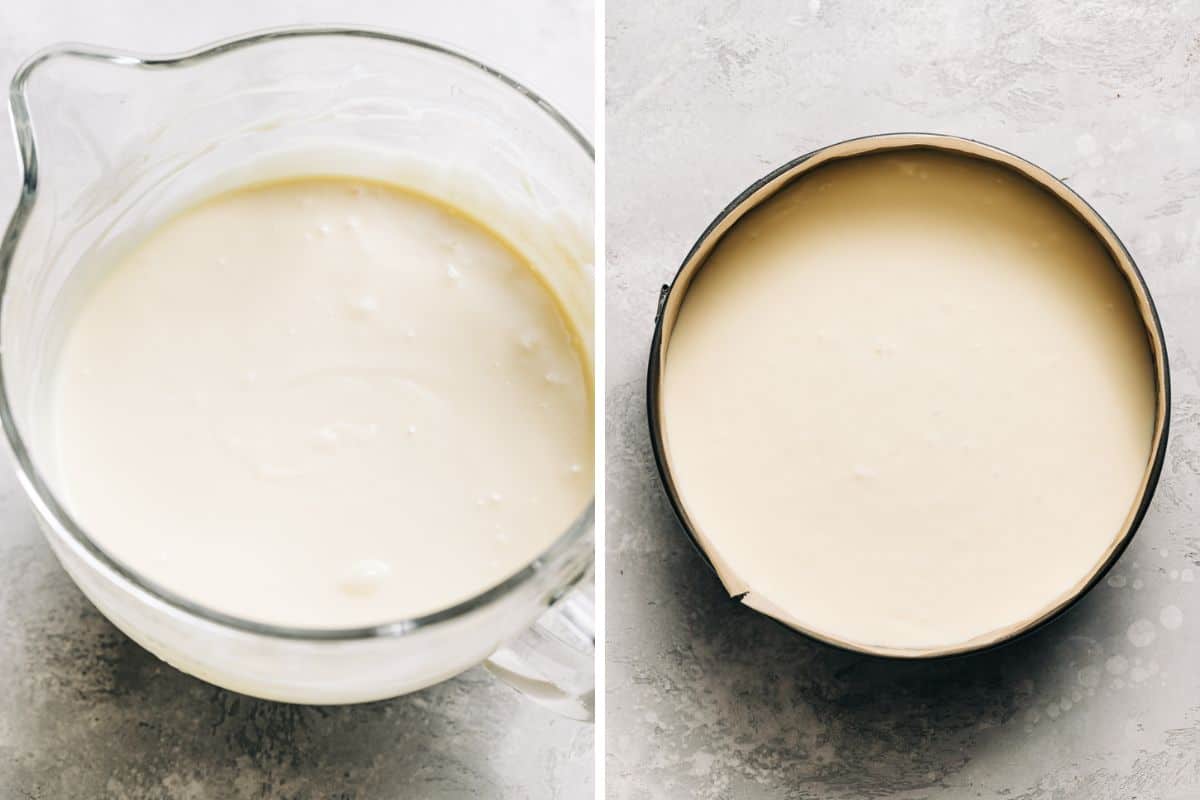 image 1 shows cheesecake batter in a mixing bowl and image 2 shows an unbaked cheesecake.