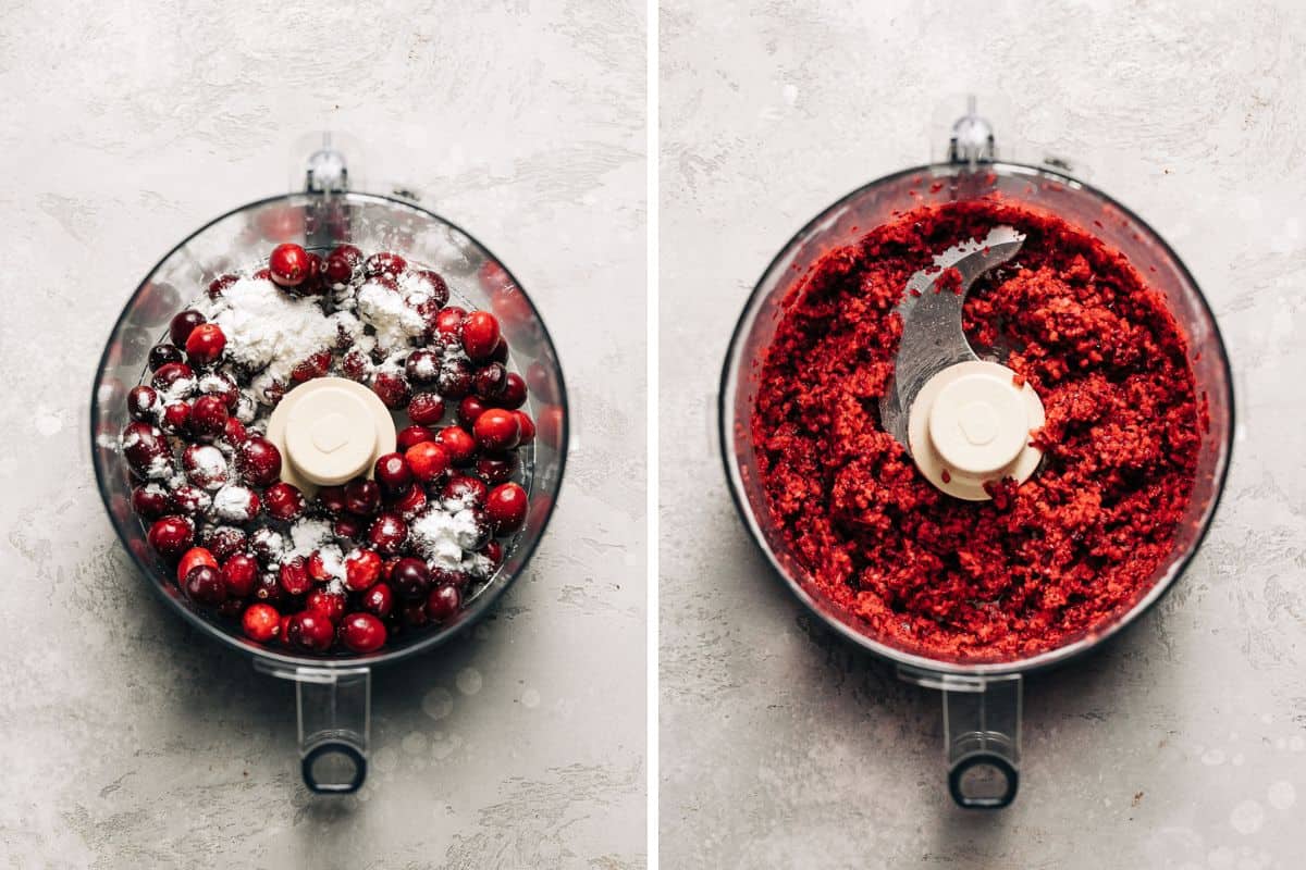 image 1 shows cranberries and cornstarch in a food processor and image 2 shows chopped cranberries in a food processor.