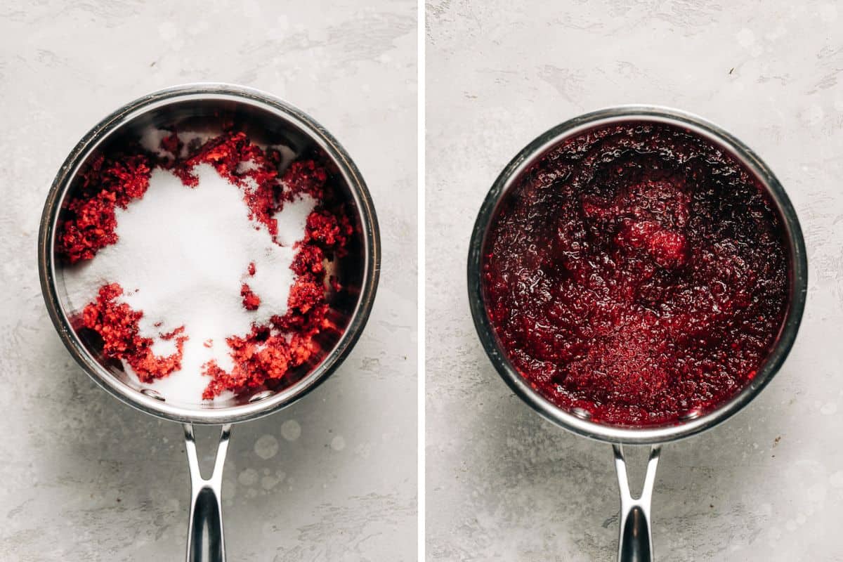 image 1 shows cranberries and sugar in a sauce pan and image 2 shows cranberry sauce in a saucepan.
