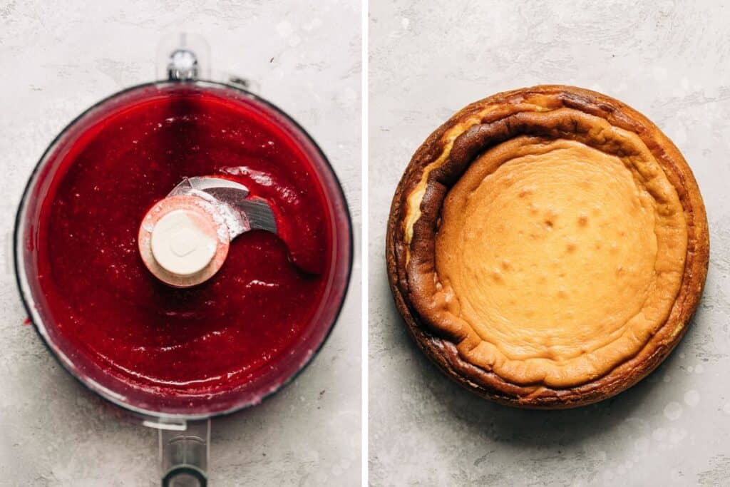 image 1 shows cranberry sauce in a food processor and image 2 is a white chocolate cheesecake.