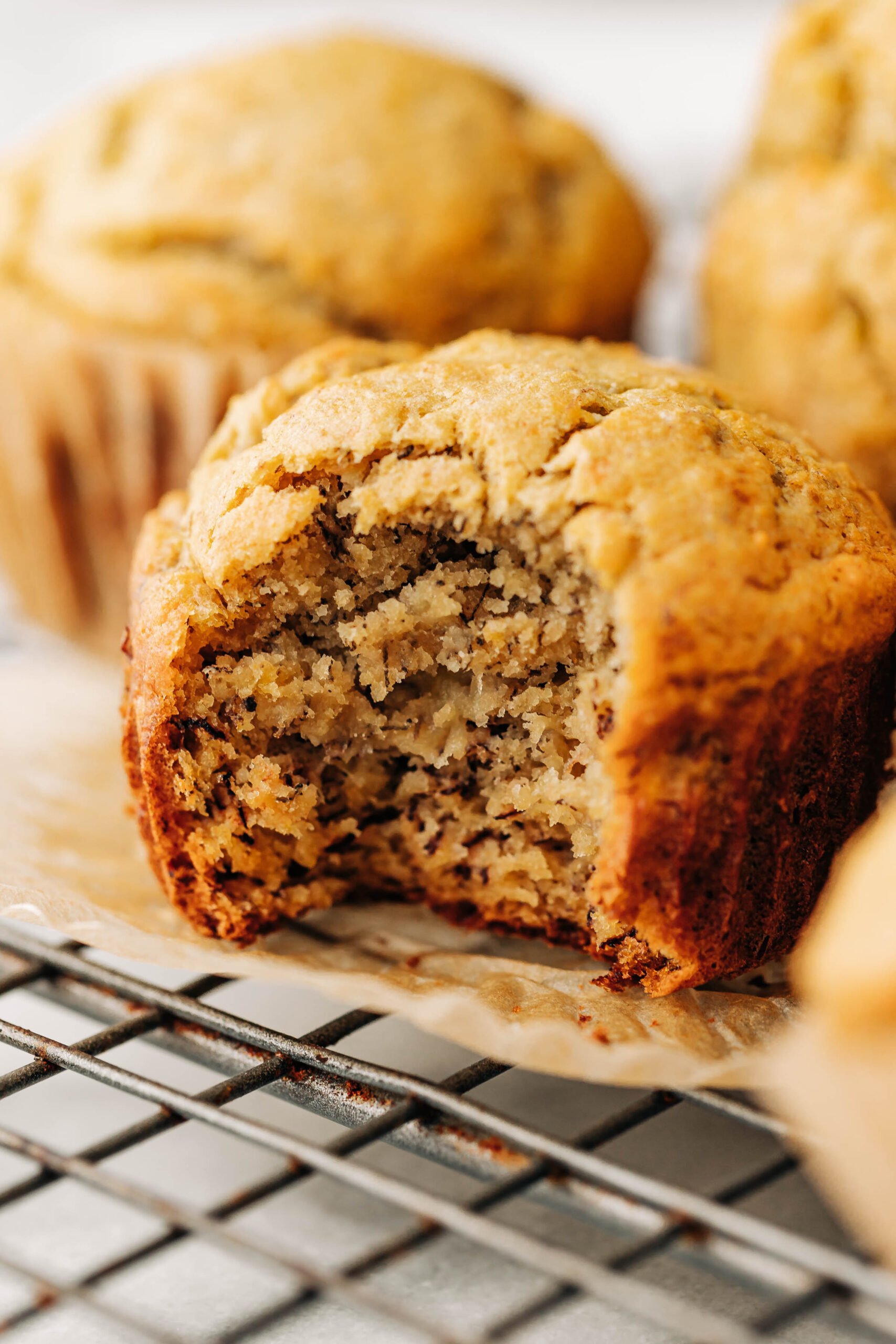 bite shot of a baby friendly banana muffin.