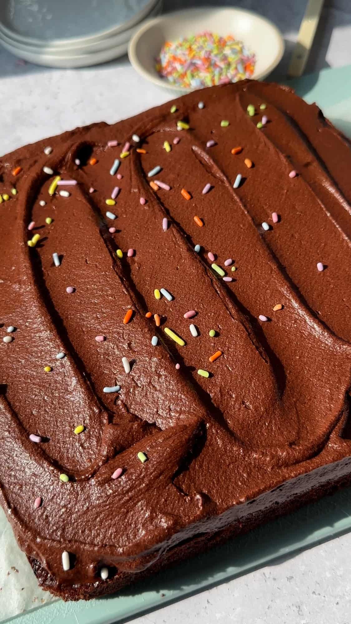 sprinkles on a chocolate cake.