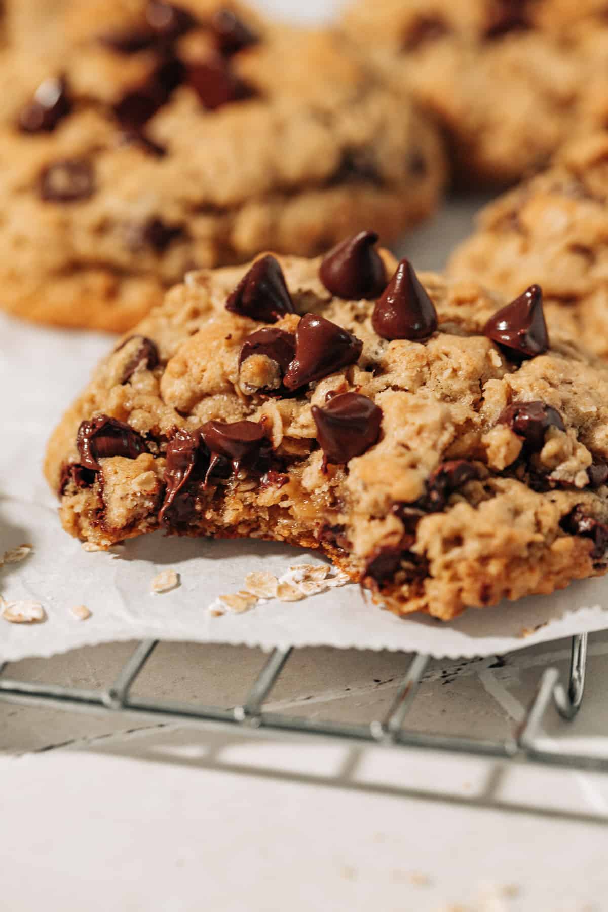 bite shot of an oatmeal chocolate chip cookie.