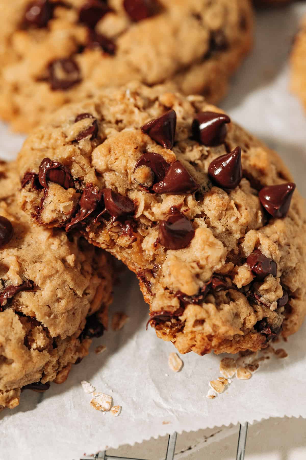 bite shot of an oatmeal chocolate chip cookie.