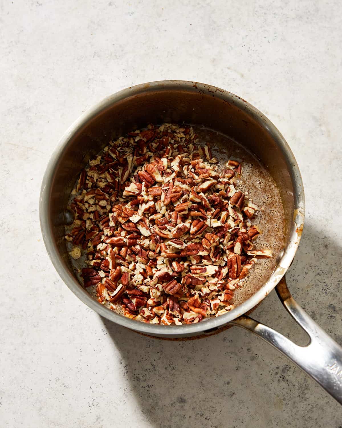 pecan pie filling in a saucepan.