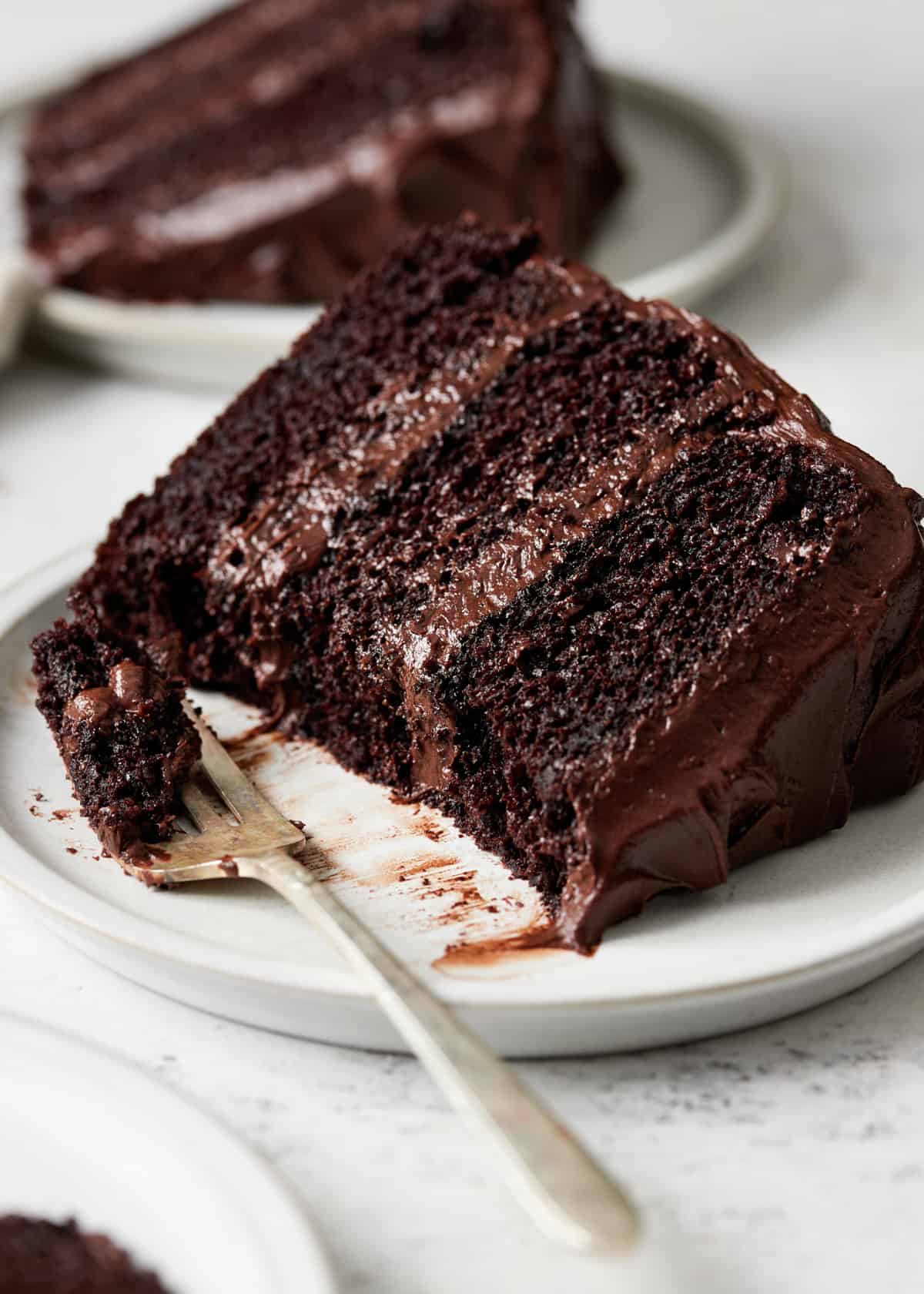 a slice of moist chocolate cake on a plate.