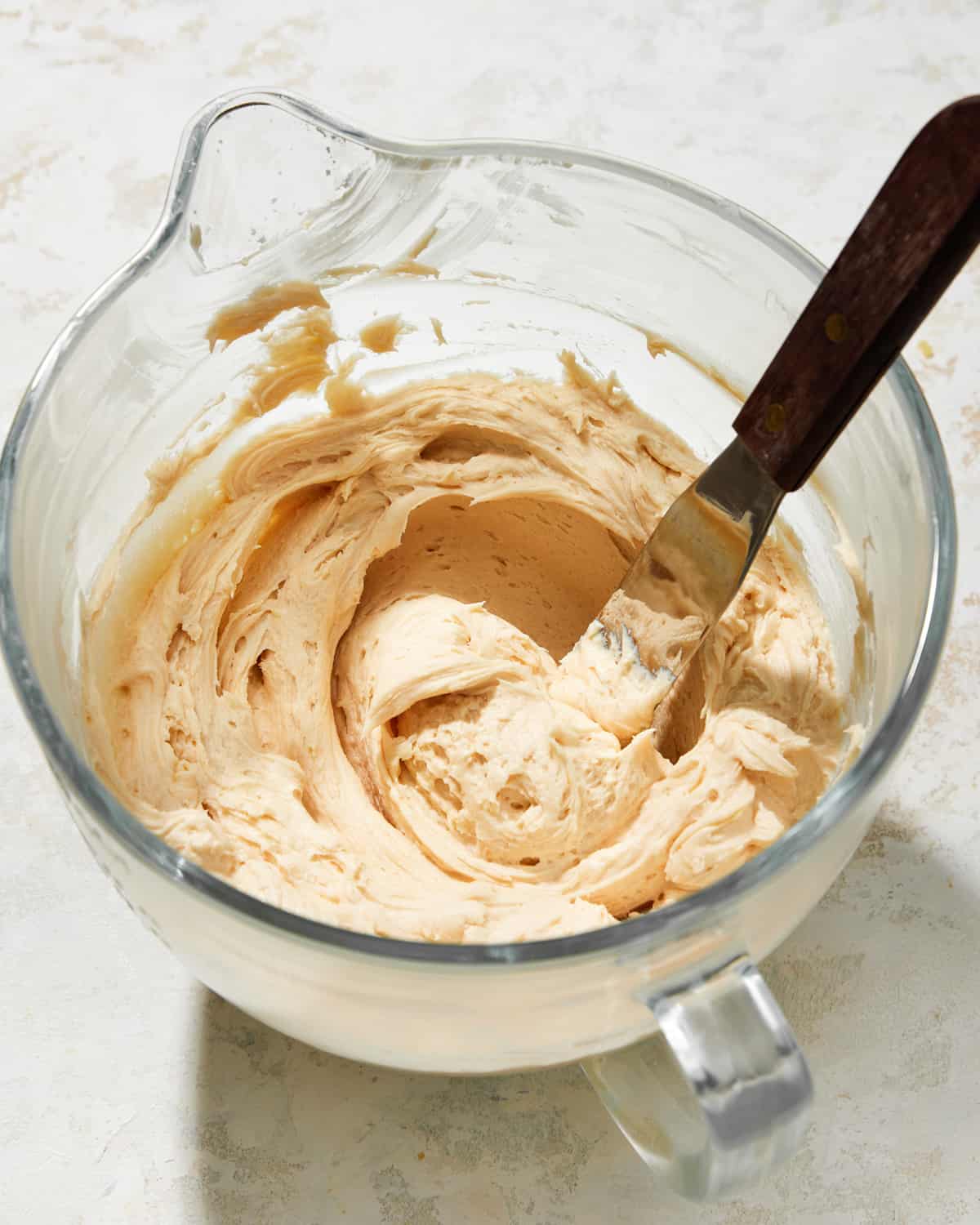 salted caramel buttercream in a mixing bowl.